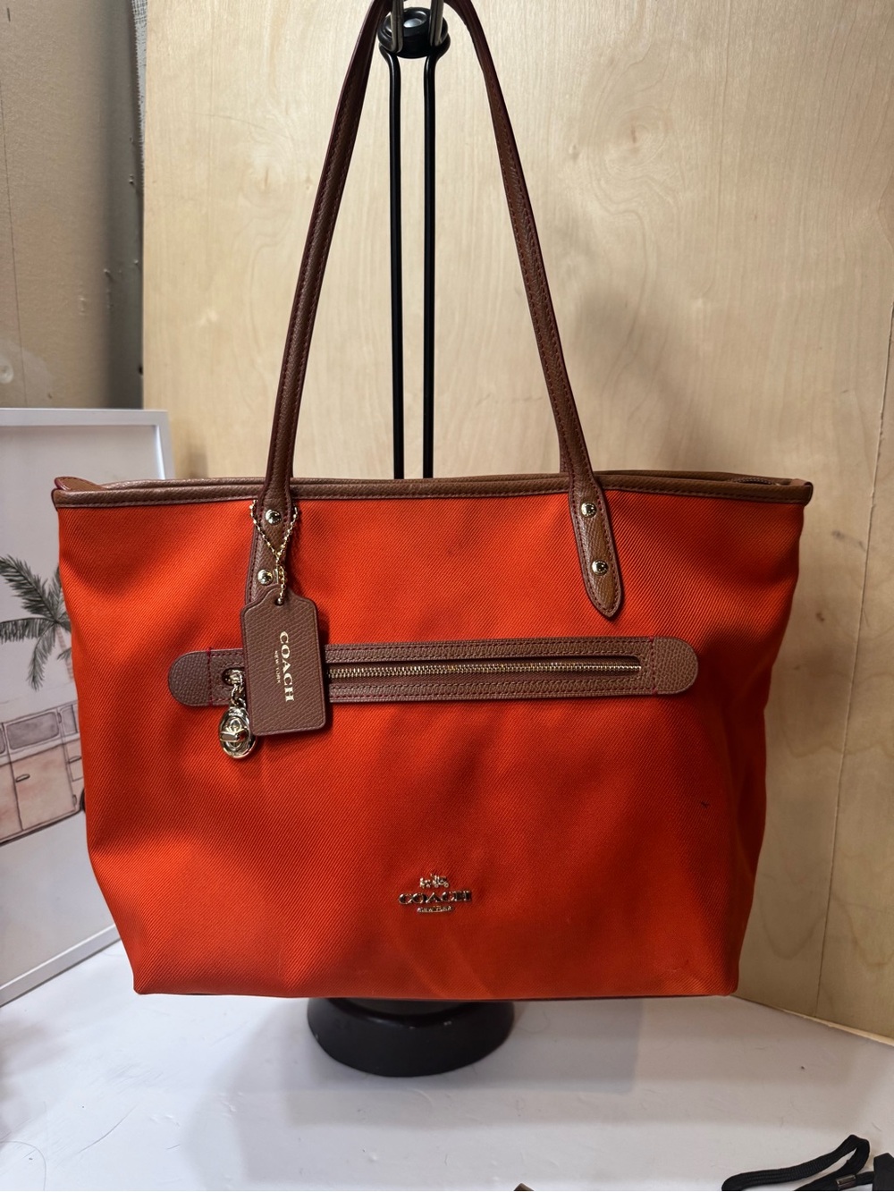 Coach Orange Canvas Tote with Brown Leather Trim and Front Zip